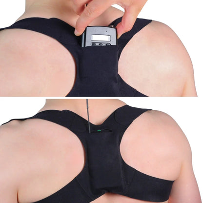 Black back strap worn on upper back with central pouch and straps