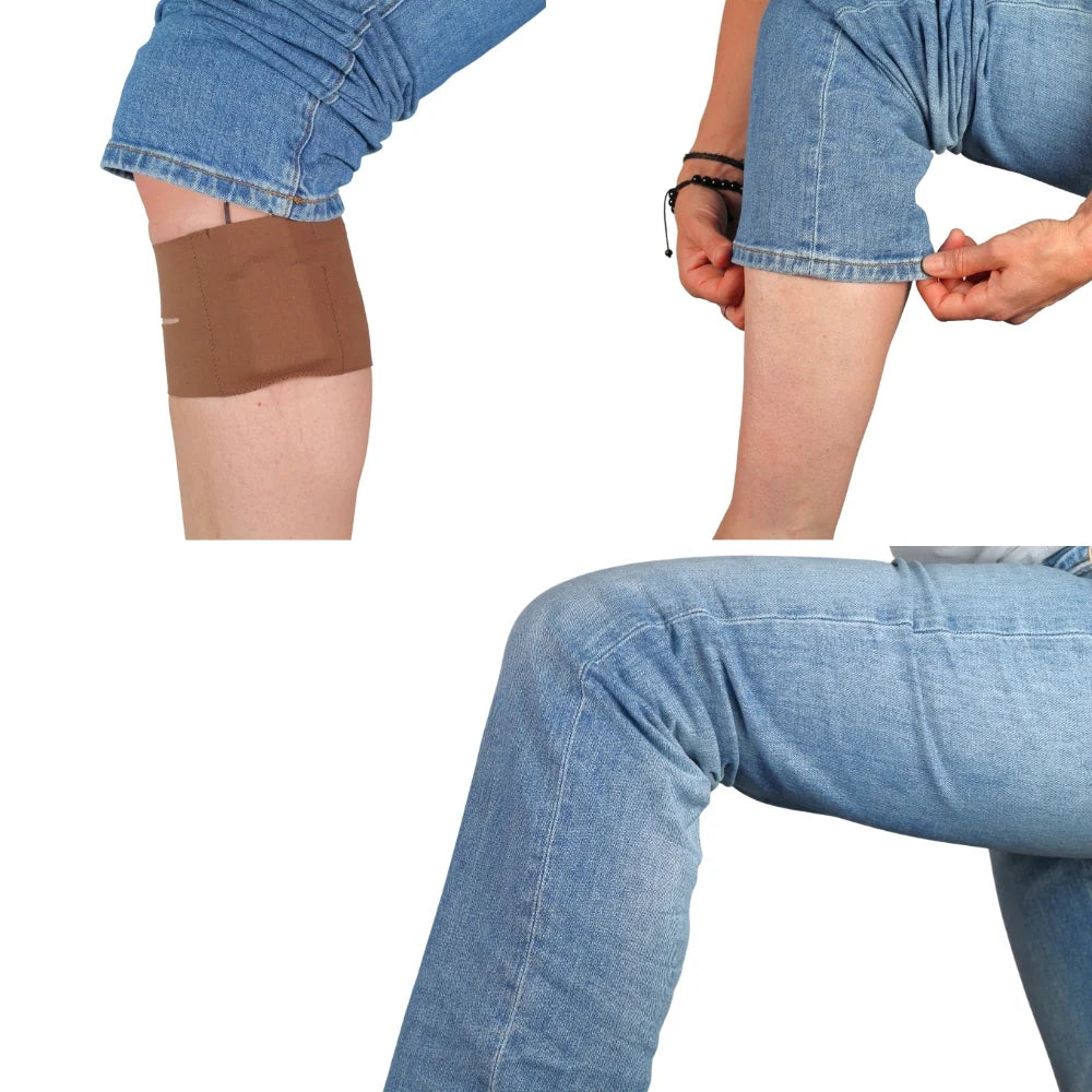 Brown ankle and calf strap with pouch pocket, worn around the lower leg