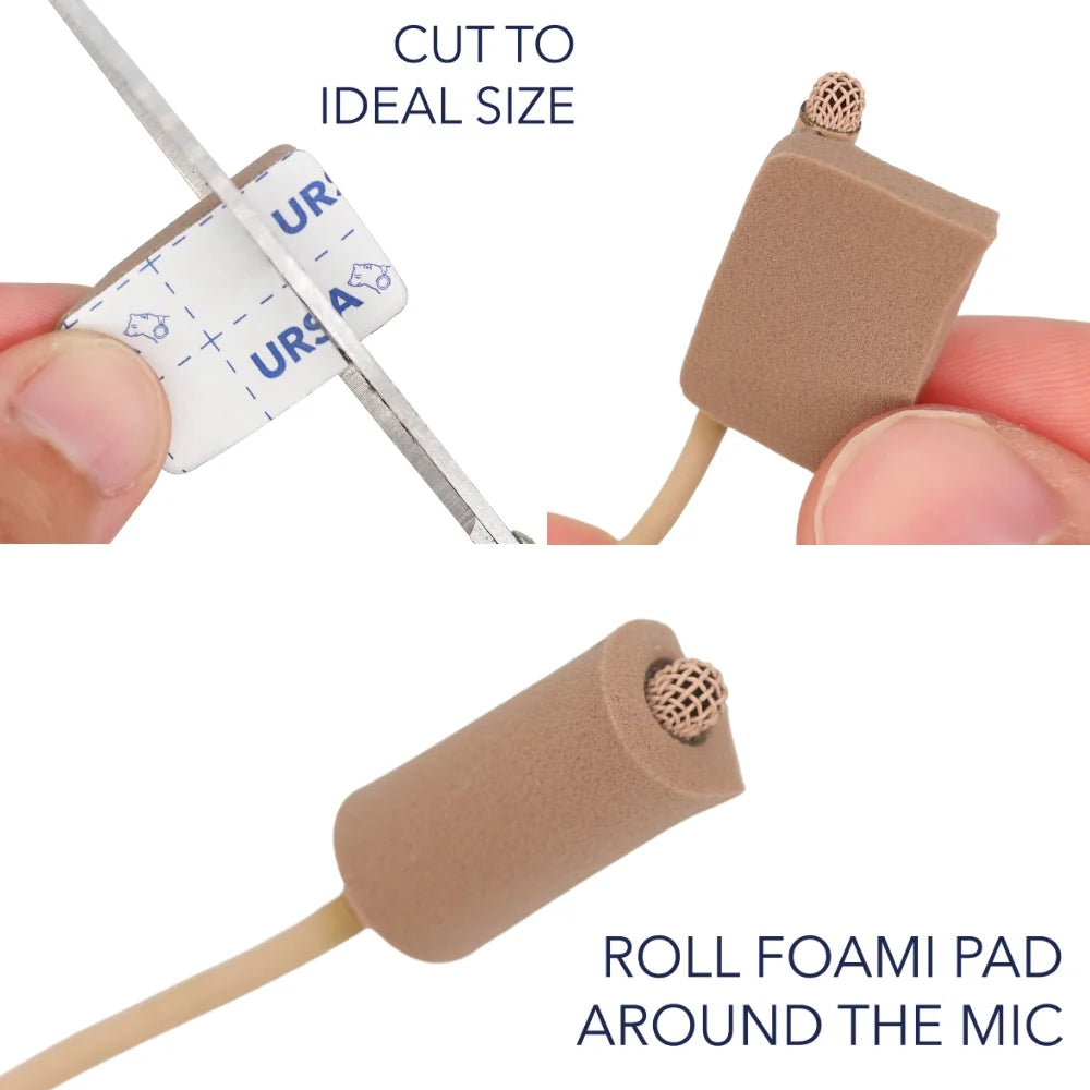 Caramel foam pad rolled around a microphone, close-up of placement