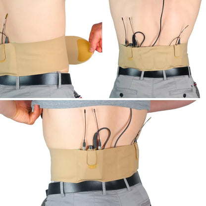 Beige double pouch waist strap worn with transmitter cables routed through