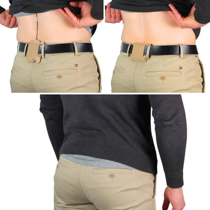 Beige belt pouch worn at the waist with adjustable belt strap and front flap