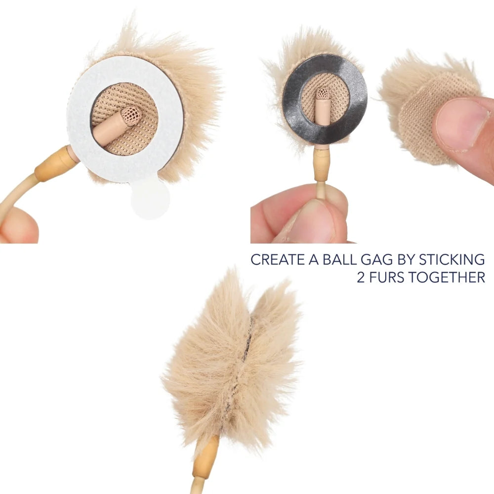 Beige fur adhesive ring and gray ring being stuck together with a stick applicator