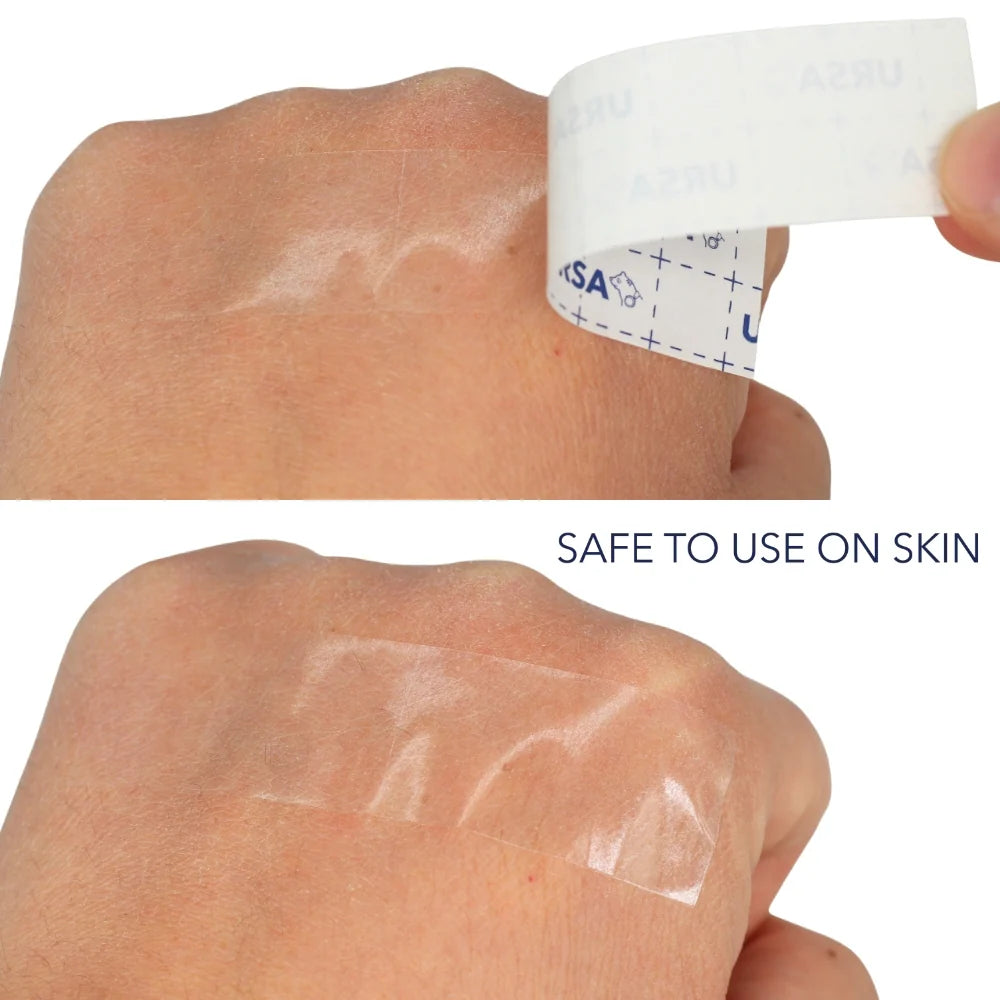 Sticky strip applied to skin on the arm, showing secure adhesion