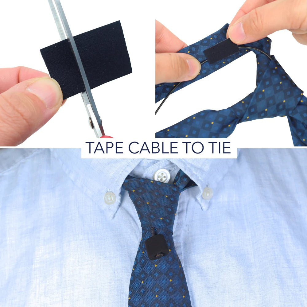 Black URSA tape strip being taped to a blue patterned tie