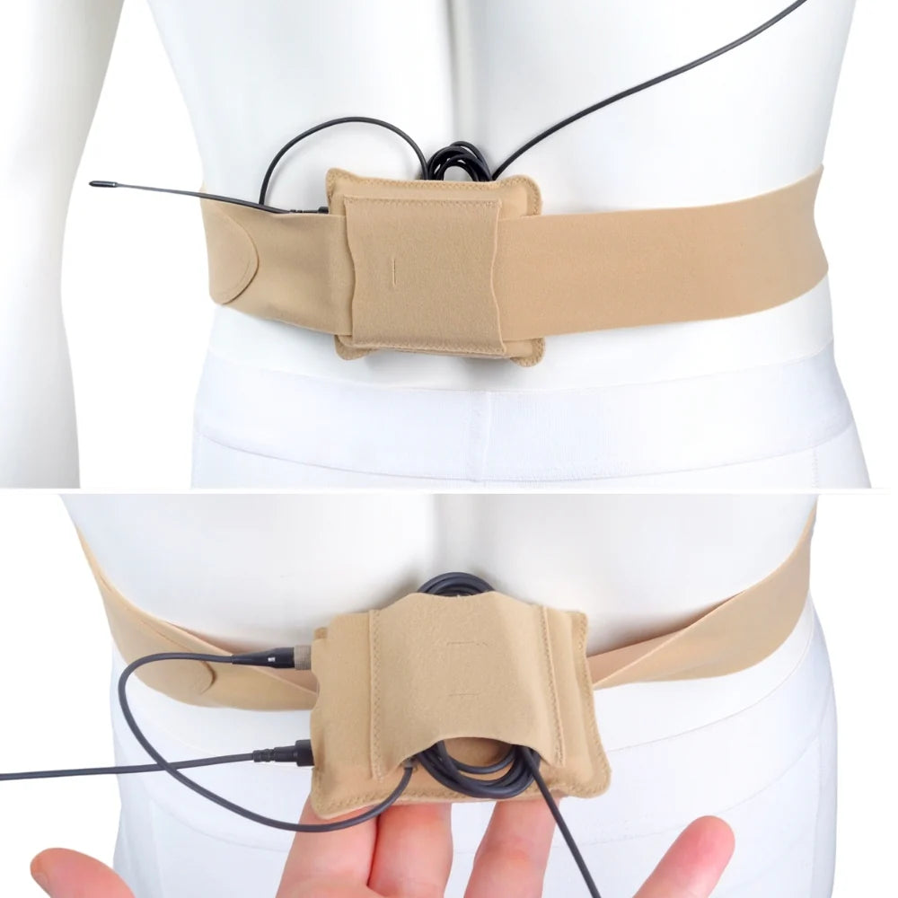 Beige URSA belt with front and lower fabric pouches and black cord leads