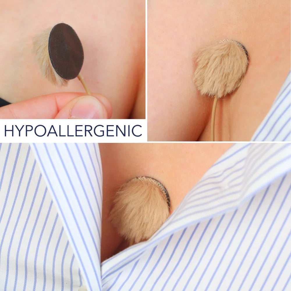 Light beige fur circle wind cover attached to skin near a striped shirt
