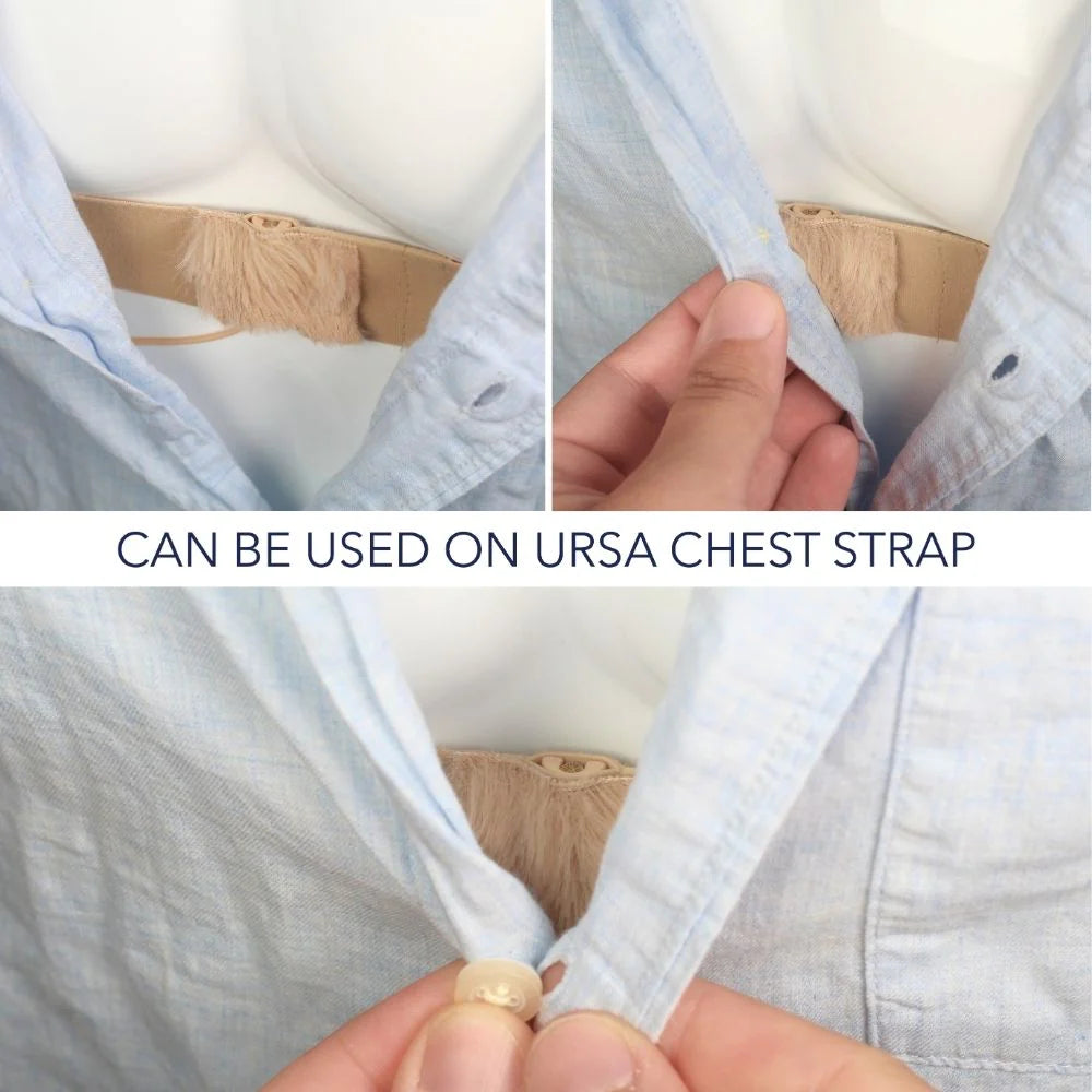 Beige fur tangle strip secured to a chest strap on light fabric