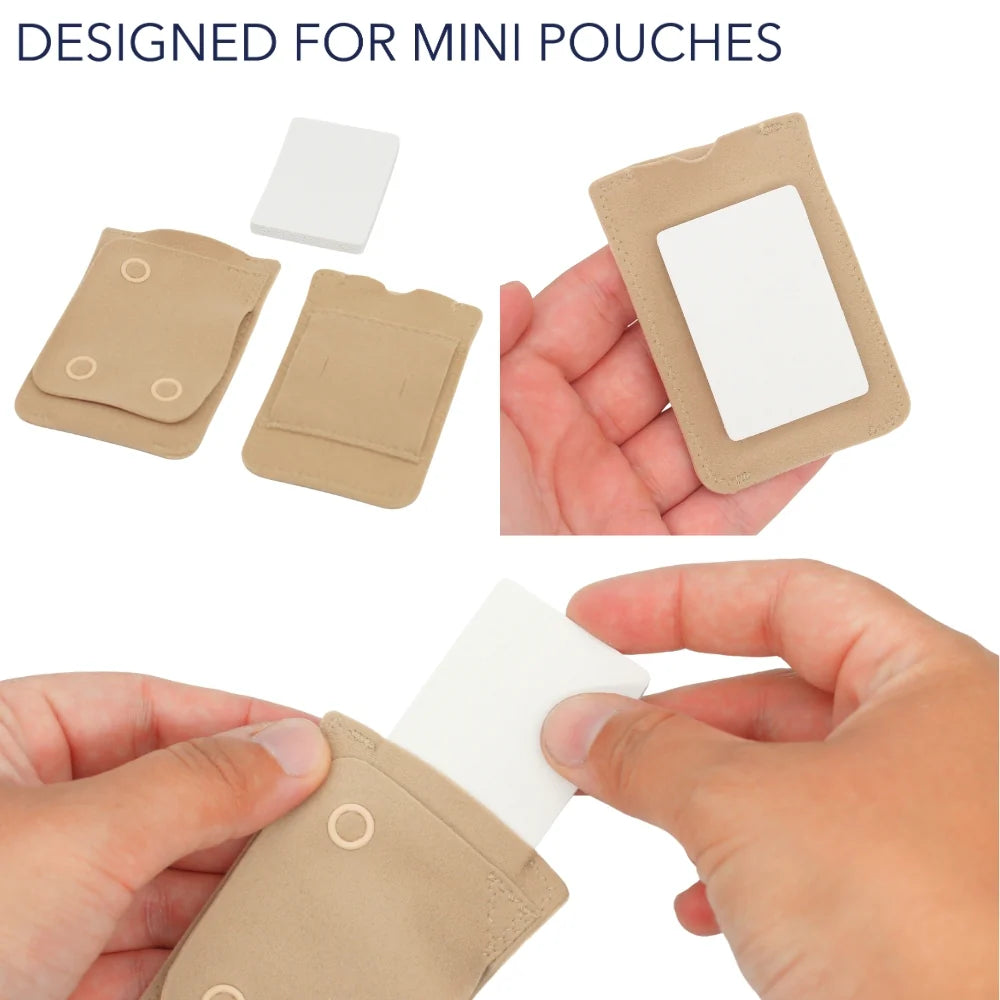 Heat shield pads for mini pouches: beige pieces with attachment circles and folded edges