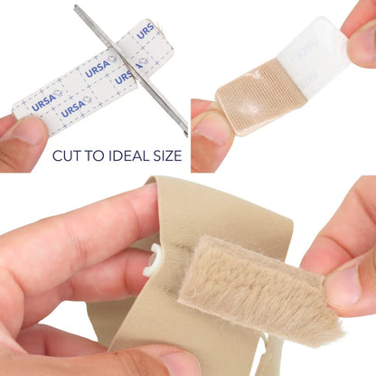 Beige fur sticky strip being cut and applied from the adhesive backing