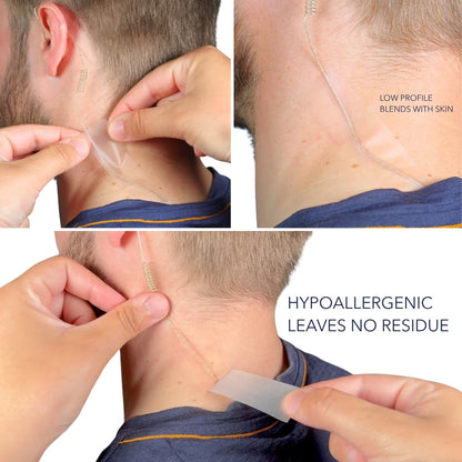 Invisi Strips clear tape applied to neck for low-profile skin blending
