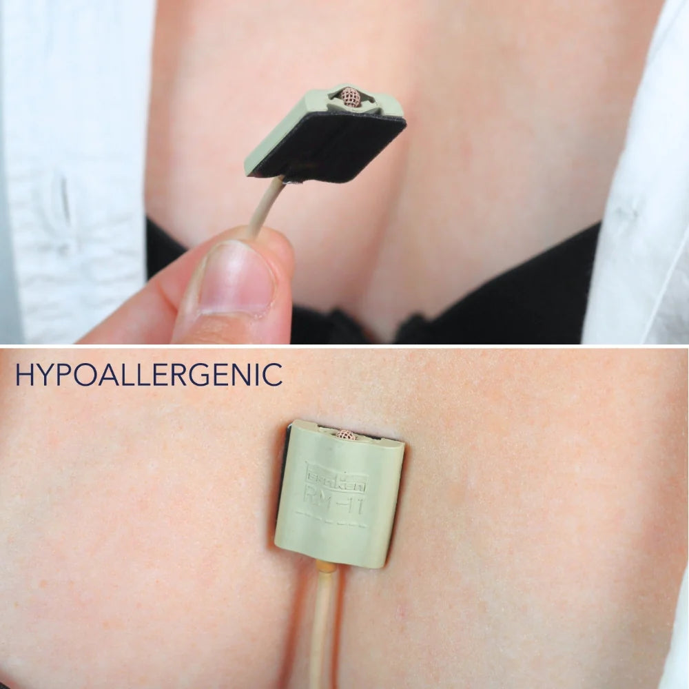 Small square hypoallergenic adhesive pad on skin for mount attachment