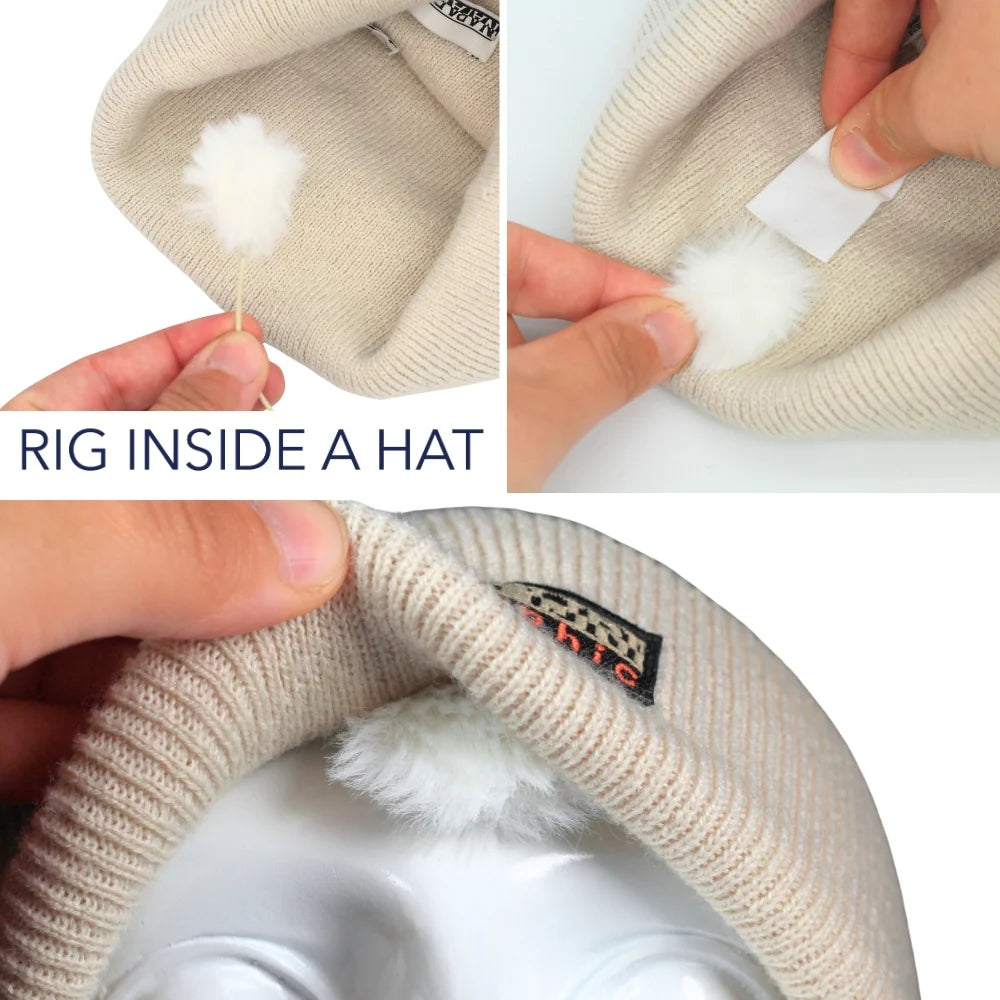 White fuzzy pad on beige stick tip, positioned inside a cream knit cuff