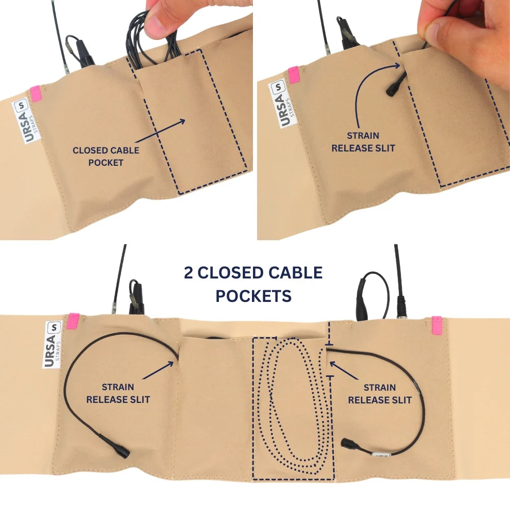 Beige double pouch waist strap with closed cable pocket and strain release slits