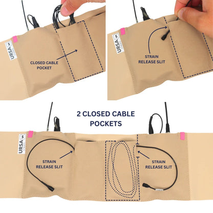 Beige double pouch waist strap with closed cable pocket and strain release slits