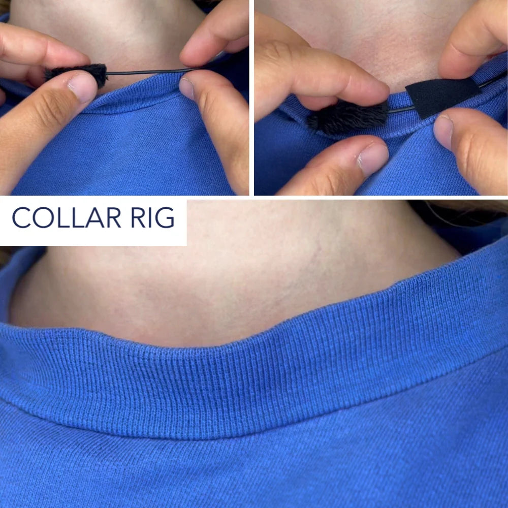 Blue ribbed neckline collar with plush trim inside, stretchy knit edge