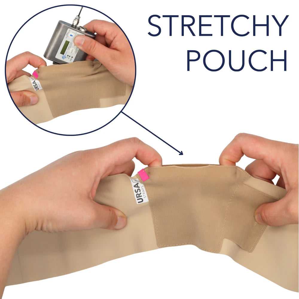 Beige stretchy waist strap pouch held by hands for a snug fit