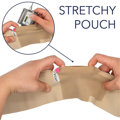 Beige stretchy waist strap pouch held by hands for a snug fit