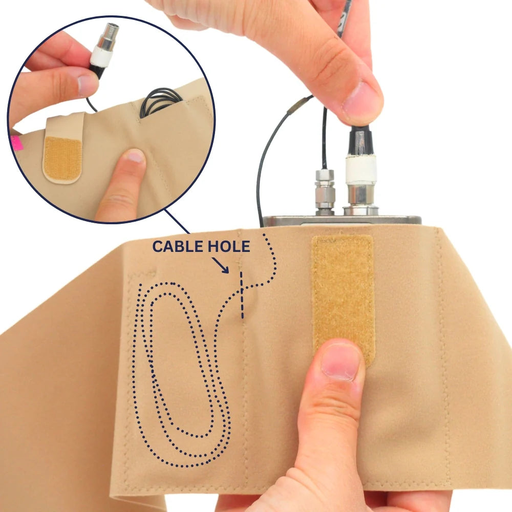 Beige single pouch with cable hole on top and textured pocket panel.