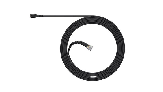 Miniature lavalier microphone with coiled black cable and small metal connector