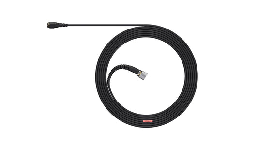Black miniature lavalier microphone with cable, compact connector on end