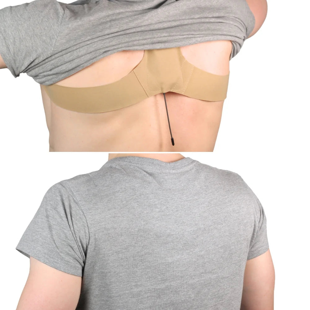 Beige back strap worn under gray T-shirt with center pull cord
