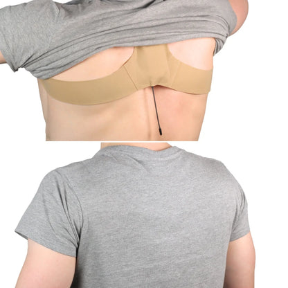 Beige back strap worn under gray T-shirt with center pull cord