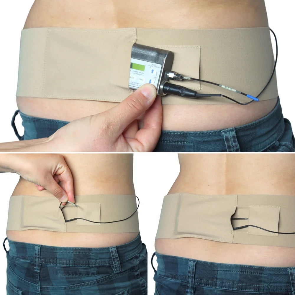 Beige waist strap with side pouch worn on waist, device inside with cable