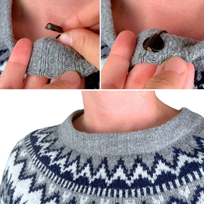 Mini sticky circles detail: peel-off tab lifted from a gray knitted collar area