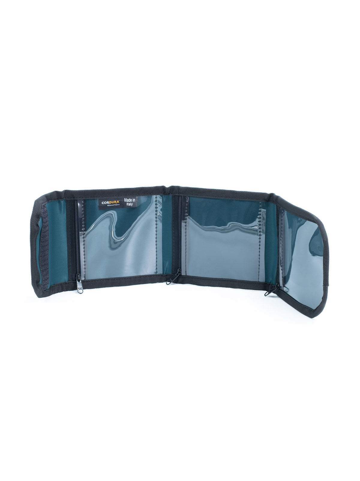 Foldable cap pouch with teal lining, two inner compartments, and zipper closures