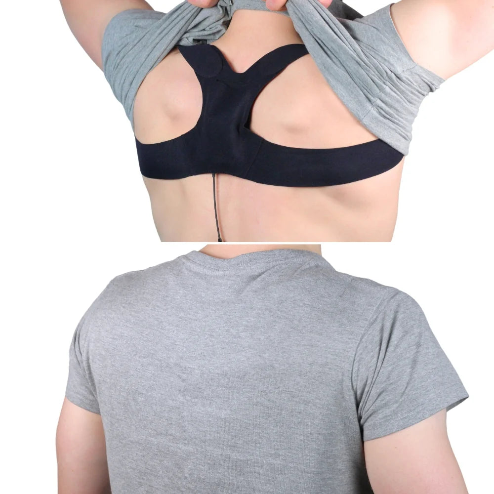 Black back strap on upper back under a gray T-shirt