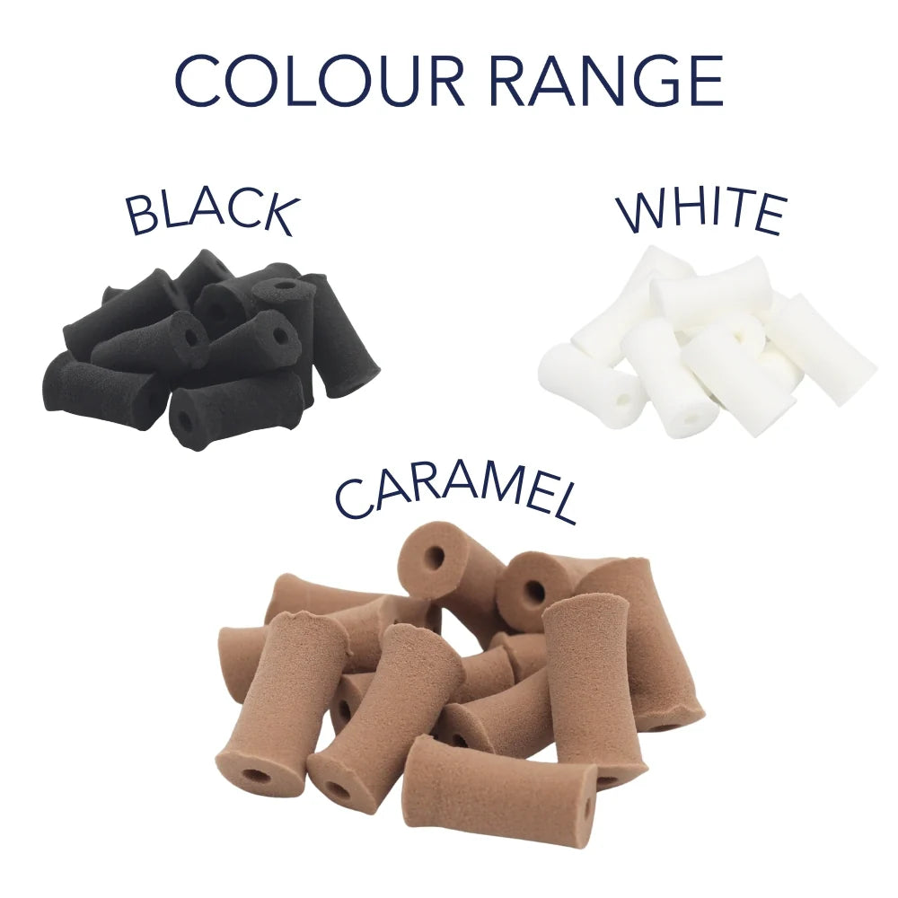 Foam mic sleeves color range: black, white, and caramel brown shown in groups