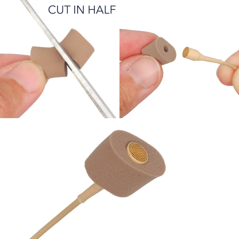 Beige foam lav mic mount with mesh insert, shown cut in half