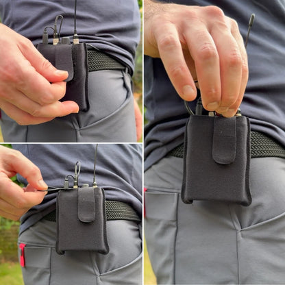 Black pouch clipped to a waistband with a snap strap, hands adjusting it