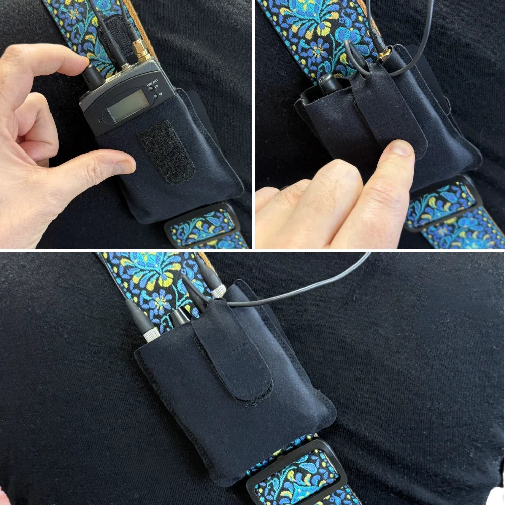 Black pouch close-up with snap flap on a teal floral strap