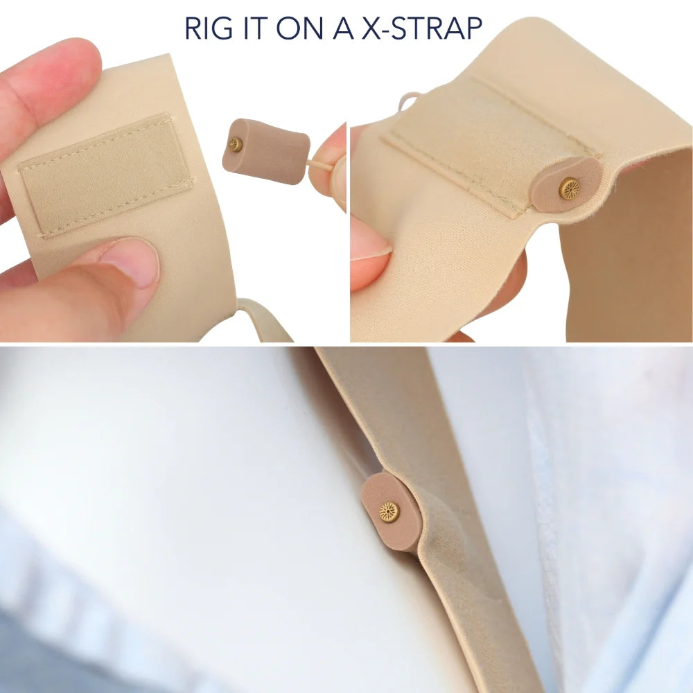 Caramel mini foam mount secured to an X-strap with circular brass-colored fastener