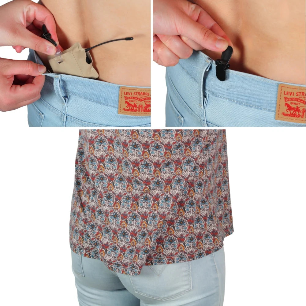 Belt pouch worn on blue jeans with small zip pouch and leather strap loop
