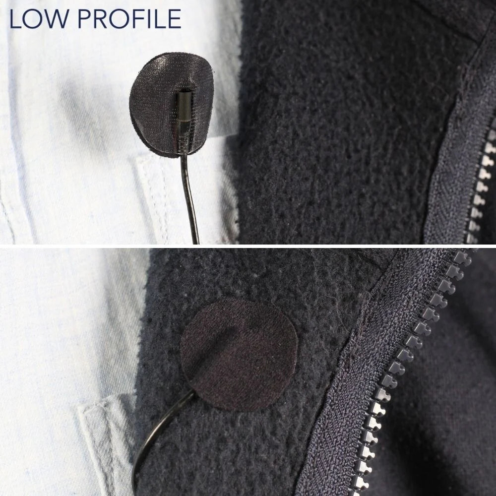 Dark fabric adhesive circle on a stick on a black jacket panel beside zipper