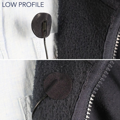 Dark fabric adhesive circle on a stick on a black jacket panel beside zipper