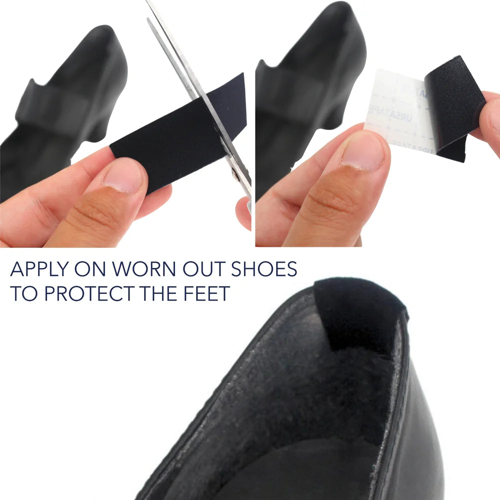 Black URSA tape strip applied to the top of worn shoes to protect feet