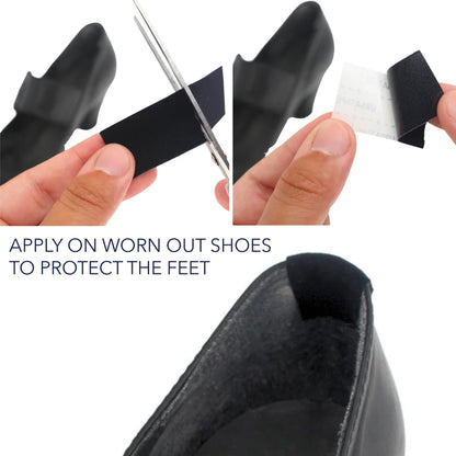 Black URSA tape strip applied to the top of worn shoes to protect feet