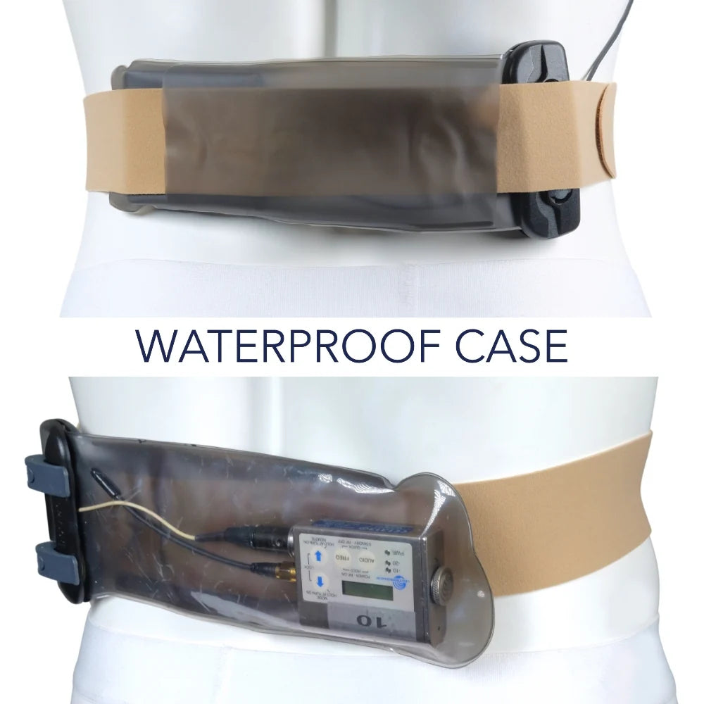 Beige URSA belt holding a clear waterproof case in a stitched pouch