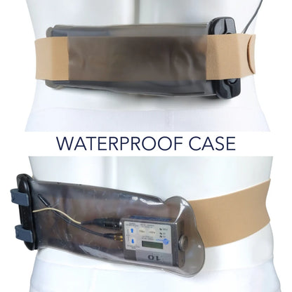 Beige URSA belt holding a clear waterproof case in a stitched pouch