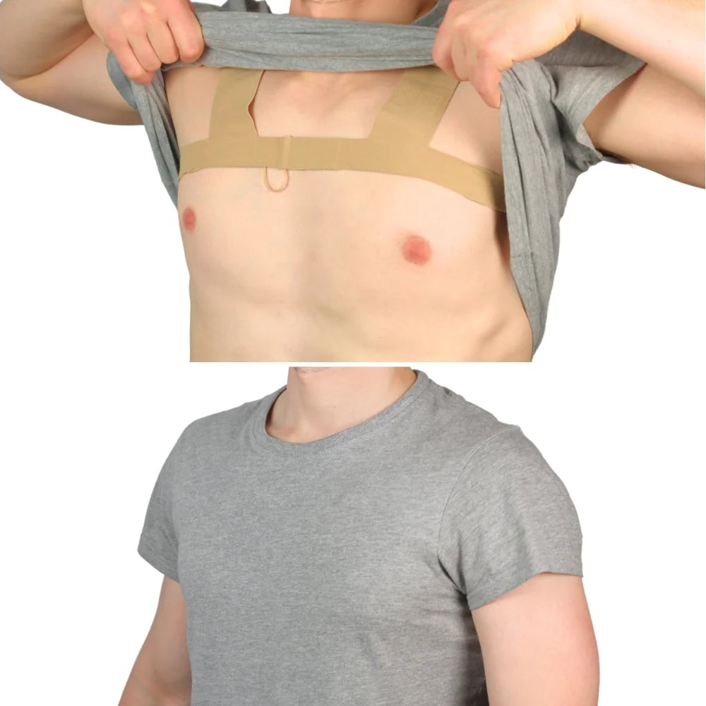 Beige strap pouch worn under gray top; adjustable cord near neckline
