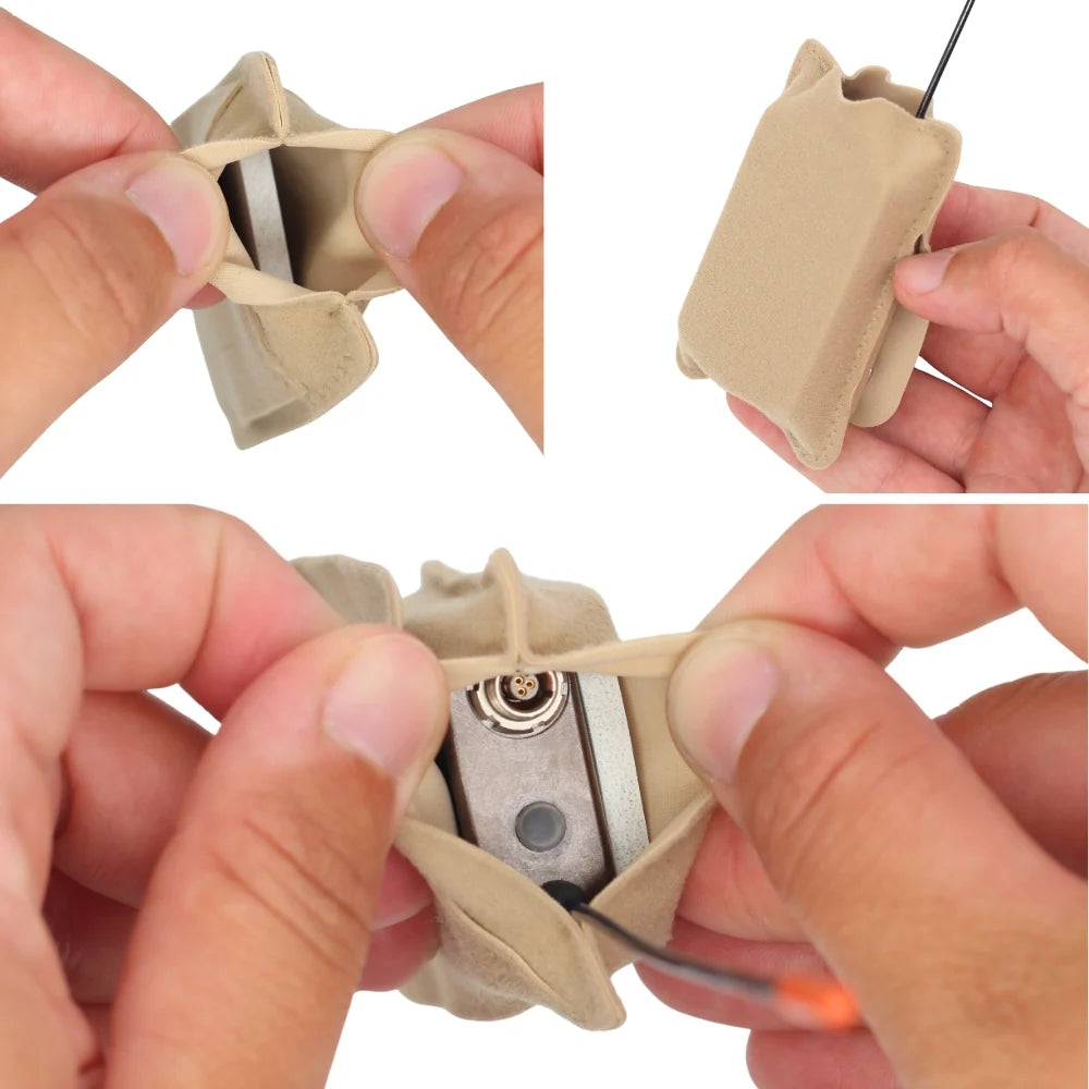 Beige heat shield pouch with brass connector exposed and cable pass-through