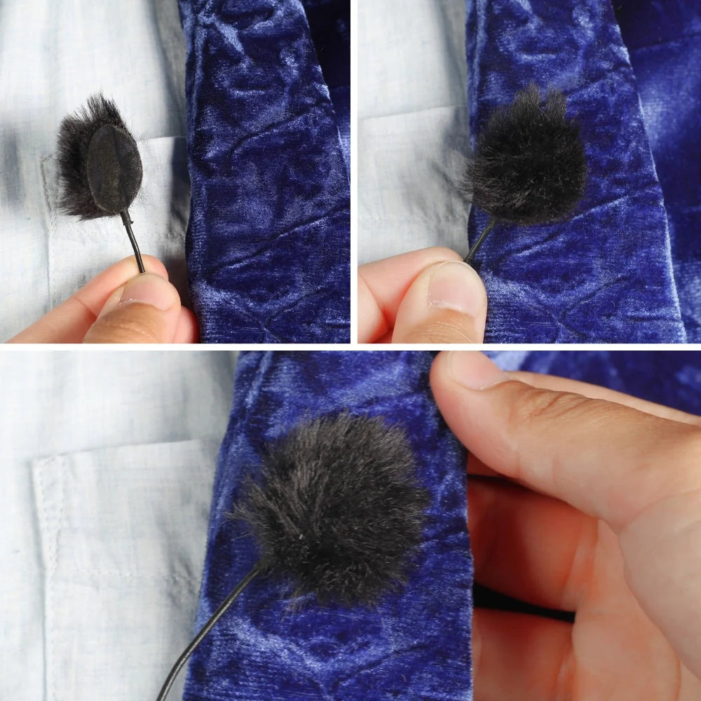 Round adhesive circle attaching dark blue fabric with fur backing