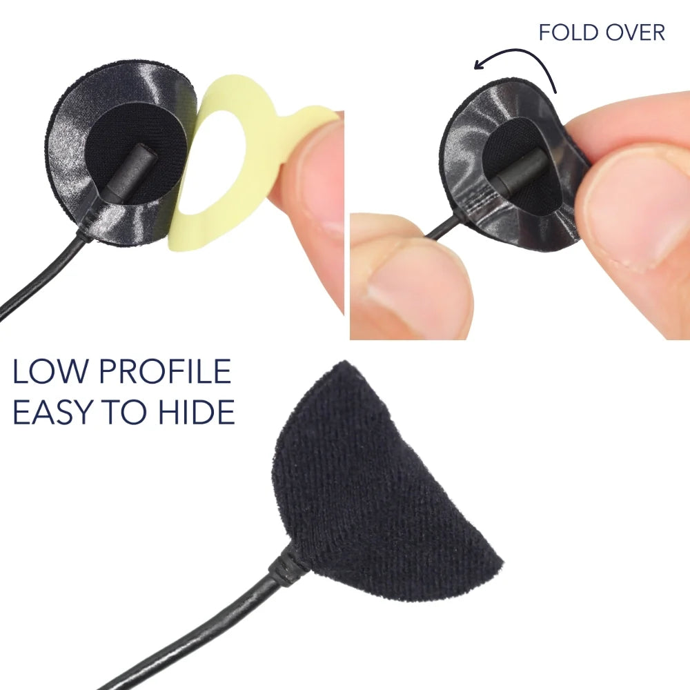 Low-profile black adhesive pad on a stick tip, shown folded over