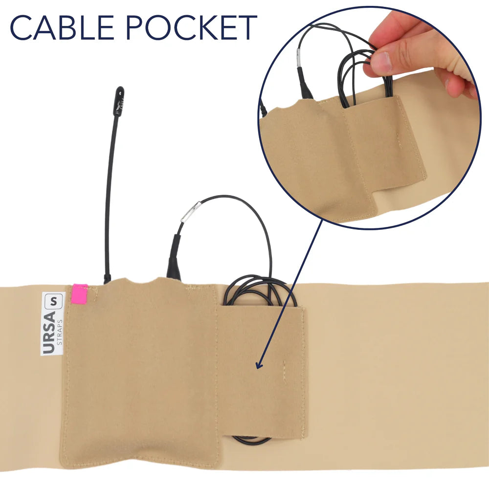 Beige waist strap pouch with cable pocket opening and cord pass-through