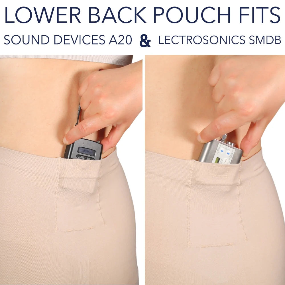 Beige shapewear shorts with lower back pouch for inserting a small device