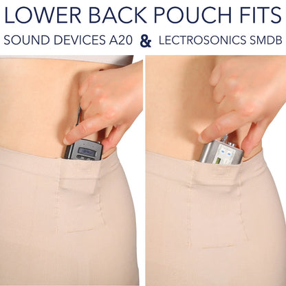 Beige shapewear shorts with lower back pouch for inserting a small device