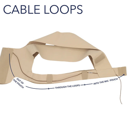 Beige strap pouch laid flat with cable loops and pocket opening